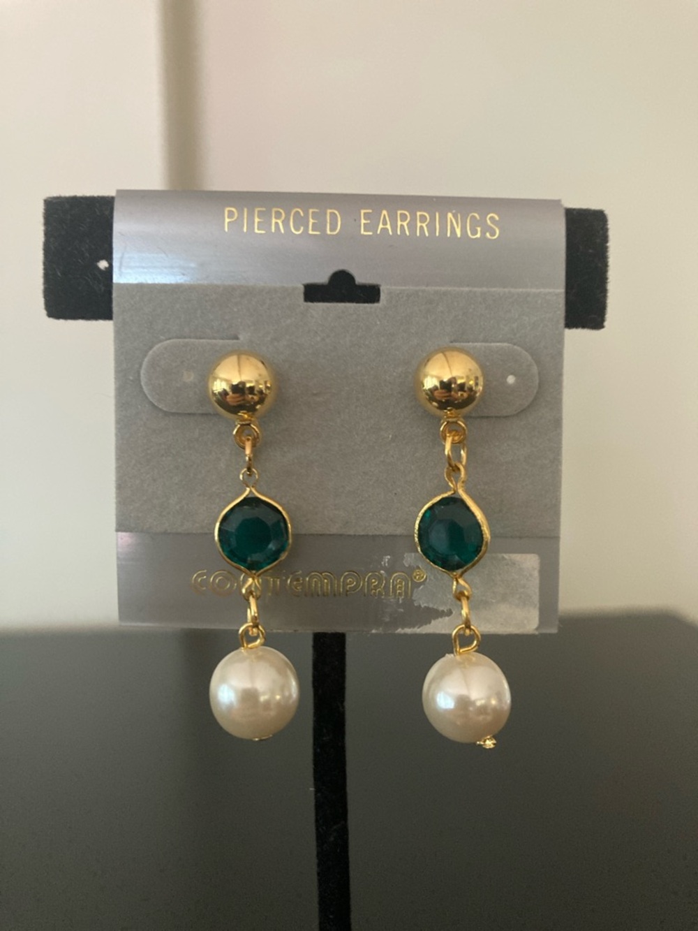 Gold Drop Earrings with Emerald Green Stone and Pearl